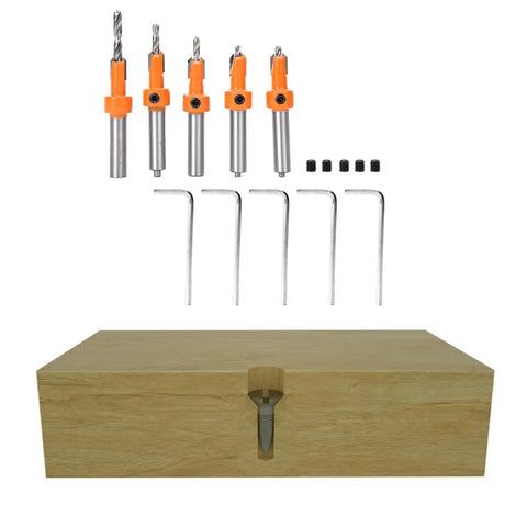 Five Piece Countersink Drill Bit Set With YG8 Alloy Cutter Heads, 2.8 To 4mm Drill Diameter, in case, for wood and aluminum work