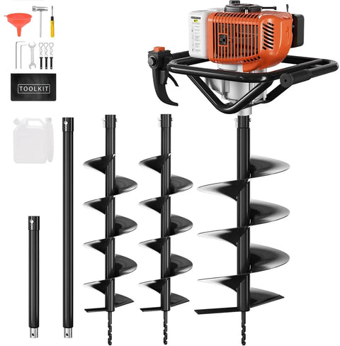 Gas Powered Auger Post Hole Digger With 72cc Engine Includes 6 Inch And 8 Inch Drill Bits Two Extension Rods and Toolkit