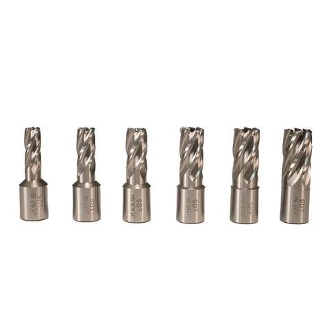 Seven piece HSS annular cutter kit for Heavy Duty Magnetic Drill Press With Rack And Pinion Control For Smooth Metal Work.