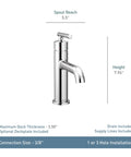 Gibson One Handle Single Hole Modern Bathroom Sink Faucet With Optional Deck Plate In Chrome Finish, height and spout reach labeled