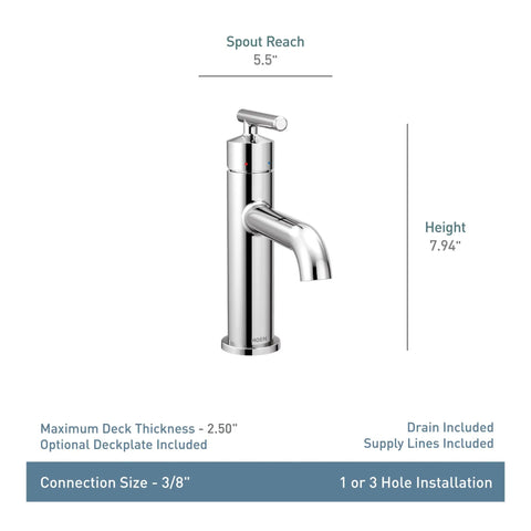 Gibson One Handle Single Hole Modern Bathroom Sink Faucet With Optional Deck Plate In Chrome Finish, height and spout reach labeled