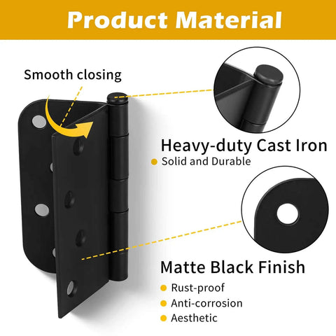 Close-up of Built Tough Heavy Duty 4 Inch Black Exterior Door Hinge highlighting smooth closing and matte black finish with cast iron material.