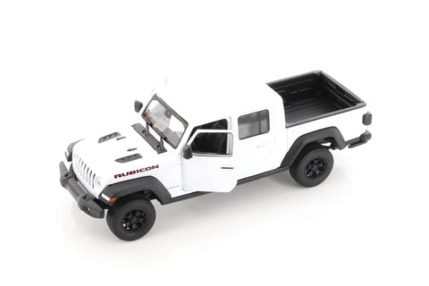 Jeep Gladiator 1/27 Scale Diecast Pickup Truck Model In White With Openable Doors And Tailgate Dope Collectible Car. Side view.