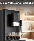 Hassle Free One Touch Automatic Espresso Machine With Built In Grinder And Manual Milk Frother brewing espresso into two clear cups.