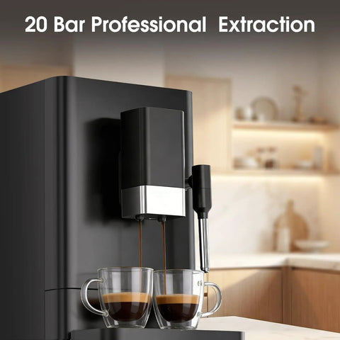 Hassle Free One Touch Automatic Espresso Machine With Built In Grinder And Manual Milk Frother brewing espresso into two clear cups.