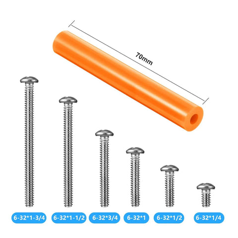 Outlet Spacer And Screw Kit With 60 Orange Spacers And 90 6 32 Thread Round Head Screws 6 Different Lengths Electrical Extender Set For Household And Industrial Wiring Easy Install Durable Orange Hardware shown in size comparison