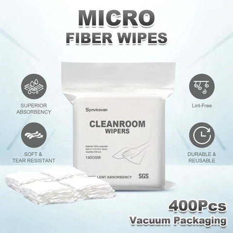 Hella Durable Zero Lint Cleanroom Cloth Wipes Made From Premium Polyester Microfiber measuring Four By Four Inches at 140 GSM in vacuum packaging.