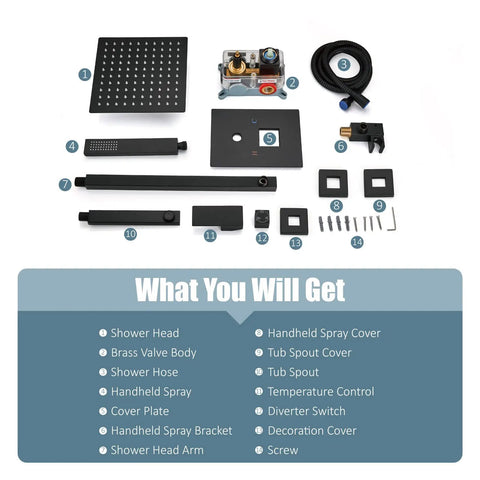 Components of Matte Black 12 Inch Rainfall Shower System With Shower Head Handheld Sprayer Tub Filler And Wall Mount Mixer Valve All Metal Brass Construction Luxury Rough In Kit Included