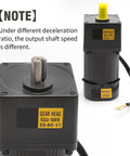 Two gear motor units with black housings and yellow knobs; left shows metal output shaft.