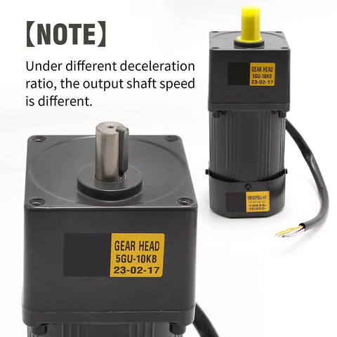 Two gear motor units with black housings and yellow knobs; left shows metal output shaft.