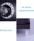 Control dial and moving wheels of Industrial Mist Spray Fan With Adjustable Height And Three Speed Settings Knocking Out Summer Swelter For Bars And Backyards Heavy Duty Commercial Air Circulator Cooler That Delivers Ice Cold Air.