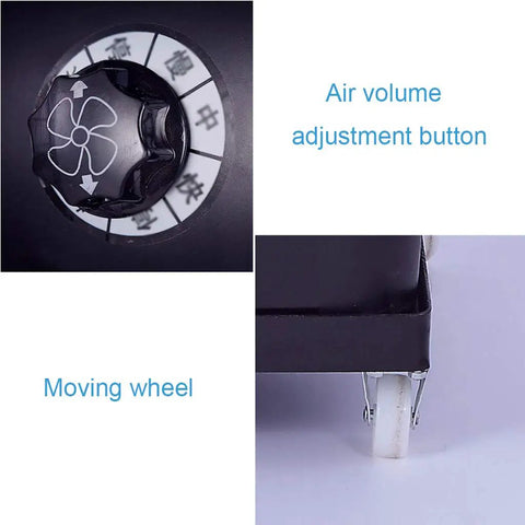 Control dial and moving wheels of Industrial Mist Spray Fan With Adjustable Height And Three Speed Settings Knocking Out Summer Swelter For Bars And Backyards Heavy Duty Commercial Air Circulator Cooler That Delivers Ice Cold Air.