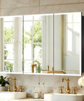 Bathroom with LED Medicine Cabinet 48 By 32 Inch With Demister, Dimmable Interior Lighting, and gold fixtures, front view.
