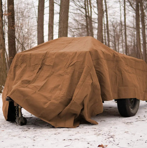 Vehicle covered with Heavy Duty 18 Oz Canvas Tarp Waterproof UV Resistant With Rustproof Grommets For Industrial And Commercial Use 8X12