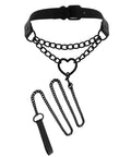 Dope Love Heart Choker Necklace Crafted From Thick Vinyl Leather Collar With Soft Plush Velvet Lining Adjusts Easily For Necks Up To Fifteen Inches Stacks Well With Body Chains For A Badass Gothic Vibe, featuring a black vinyl strap and chain detail.