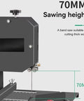 Desktop Woodworking Wire Saw With 800 Watt Motor And Hella Precise 1750 Rpm Speed For Smooth Straight Cuts And Top Notch Intricate Curves On Boards Or Bamboo Strips Up To 70 Millimeters Thick, showing 70mm cutting height.