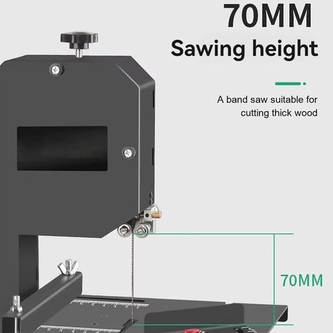 Desktop Woodworking Wire Saw With 800 Watt Motor And Hella Precise 1750 Rpm Speed For Smooth Straight Cuts And Top Notch Intricate Curves On Boards Or Bamboo Strips Up To 70 Millimeters Thick, showing 70mm cutting height.