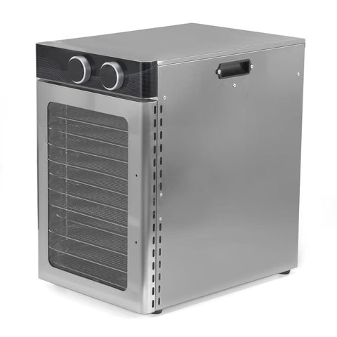 Top Shelf Electric Food Dehydrator Packing 1200 Watts And 12 Heavy Duty Stainless Steel Trays, side view with stainless steel finish.