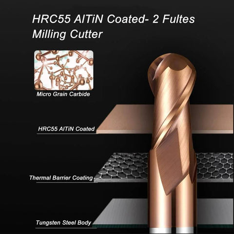 Front view of ASNOMY 5-piece ball nose carbide end mills set (1–4 mm), copper-coated, 2-flute spiral CNC router bits