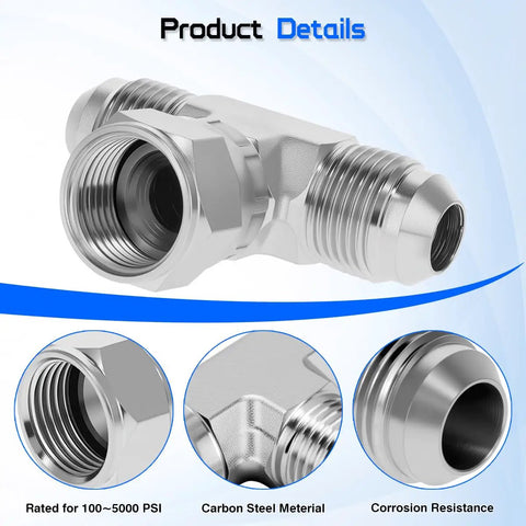 Heavy Duty Hydraulic Tee Fittings Three Eighths JIC Male To Male And Three Eighths JIC Female Swivel 360 Degree Rotating End Carbon Steel 37 Degree Flare SAE J514 Tee Connector Two Pack, carbon steel