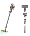 V15 Detect Cordless Vacuum Cleaner With Smart Dust Detection And Power Trigger for Efficient Deep Home Cleaning Up To 60 Minutes Run Time Lightweight Yet Mighty Yellow Nickel Finish Reveals Hidden Dust for a Spotless Home showing attachments