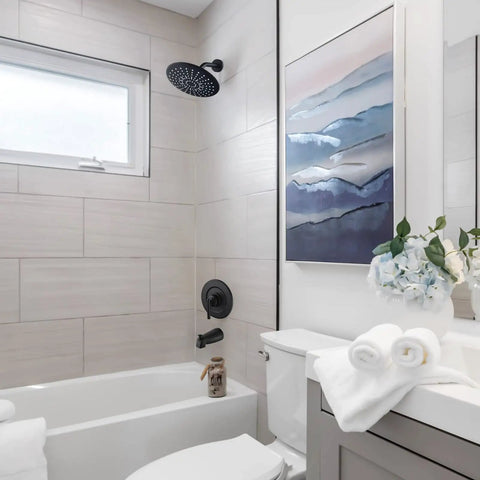 Minimalist bathroom with No Fuss Easy Install Posi Temp Valve Trim Kit Replacement Matte Black Finish, tub, and modern decor.