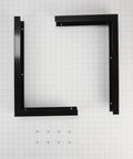 Genuine OEM Microwave Side Panel Kit Black With Two Filler Panels And Mounting Hardware, frame and screws displayed on grid.
