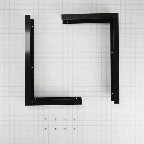 Genuine OEM Microwave Side Panel Kit Black With Two Filler Panels And Mounting Hardware, frame and screws displayed on grid.