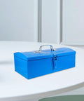 Heavy Duty Blue Metal Toolbox For Mechanics Portable Storage Case With Slick Organizer Layout Tough As Nails Build on a table.