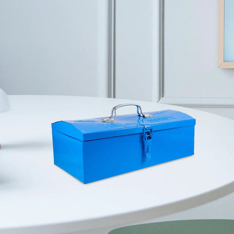 Heavy Duty Blue Metal Toolbox For Mechanics Portable Storage Case With Slick Organizer Layout Tough As Nails Build on a table.