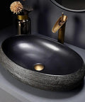 SDVantage Black Ceramic Bathroom Vessel Sink and Faucet Combo, oval sink with textured exterior, suitable for hotel small gift.