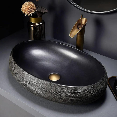 SDVantage Black Ceramic Bathroom Vessel Sink and Faucet Combo, oval sink with textured exterior, suitable for hotel small gift.