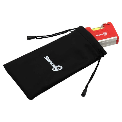 Two Piece Mini Magnetic Pocket Spirit Levels With Keychain And Storage Bag partially in black pouch, red color, L3.34 x W0.78 x H1.77