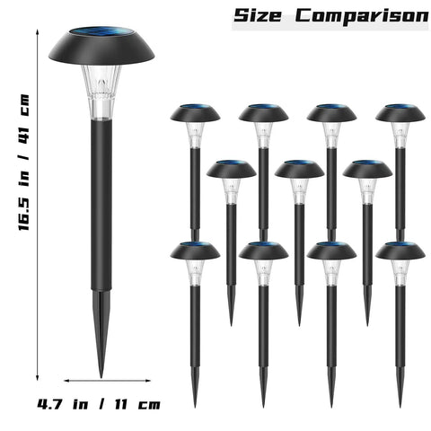Solar Pathway Lights 12 Pack Outdoor Waterproof Landscape Lighting showing size comparison with height and width dimensions