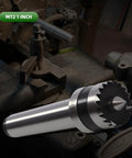 Side view of MT2 wood lathe drive center with 1-inch crown, silver metal shaft on a lathe bed