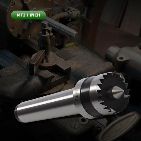 Side view of MT2 wood lathe drive center with 1-inch crown, silver metal shaft on a lathe bed