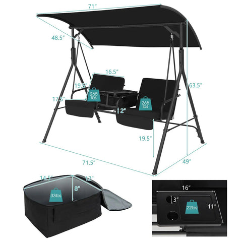 Two Person Outdoor Porch Swing With Canopy, Storage Table, Cooler Bag, And Cup Holders, Cozy Removable Cushions, Black