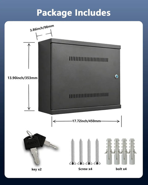 Heavy Hitter Black Lockable Steel Security Camera Box Crafted From Dust Proof Metal Housing For Cctv Outdoor Wiring Equipment Storage Universal Fit showing package contents including keys and screws.