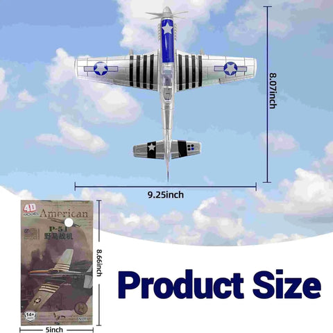 Top view of Mustang P-51 Fighter Model Kit 1 To 48 Scale For World War II Fans, showing aircraft dimensions and packaging
