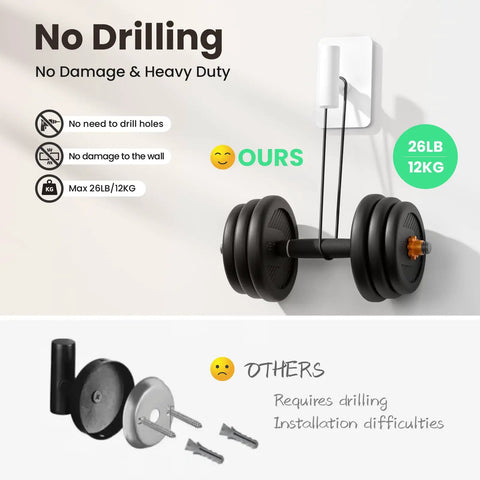 Six Pack Large Stainless Steel Wall Hooks Heavy Duty Adhesive Mount Holds Up To 26 Pounds Bulletproof Grip Stick On Hangers Zero Drill Hassle wall hook with weights showcasing no-drill installation.
