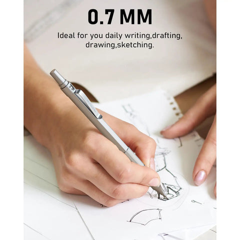Person using 0.7mm Metal Mechanical Pencil Set With Case Three Pack MP1000 Pro Grade Drafting Kit for sketching on paper