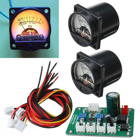 Dual Channel VU Meter Panel With Warm Back Light For Recording And Audio Level Monitoring, Driver Board Included, L GND R Input Terminals For Left Right Channels, 12V 15V Power Supply Ready, Smooth Gain Readouts For DJs And Producers, black plastic meters and wires