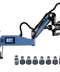 Rock Solid Vertical Electric Tapping Machine With One Meter Flexible Aluminum Arm And Auto Oil Blower For Precision Drilling Projects That Operate Hella Smooth Without Any Stress with control panel and drill bit.