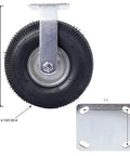 Pair Of Heavy Duty 10 Inch Pneumatic Caster Wheels Featuring Smooth Rolling Ribbed Tires And Ball Bearing Steel Hubs side view with dimensions.