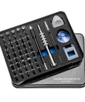 Solid 55-Inch Precision Screwdriver Set With Torx Magnetic Bits For Phone And Laptop Repairs Featuring Anti-Skid Aluminum Handle And Reliable Tool Kit For Tech Gurus. Open black case with precision bits, aluminum handle, tweezers, and repair tools.