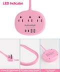 Pink Extension Cord 10 Foot Flat Power Strip With Two USB C Ports 24W Total Output Smart Charging Technology 5V 2.4A Per Port Ideal For Apple Devices Dorm Office Or Home Use, pink flat power strip with LED indicator