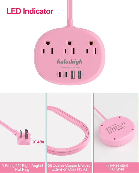 Pink Extension Cord 10 Foot Flat Power Strip With Two USB C Ports 24W Total Output Smart Charging Technology 5V 2.4A Per Port Ideal For Apple Devices Dorm Office Or Home Use, pink flat power strip with LED indicator