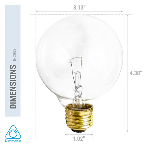 Dimensions of Four Pack G25 Globe Light Bulbs 25W Incandescent 2700K Soft White E26 Base Dimmable Crystal Clear Vanity Lights