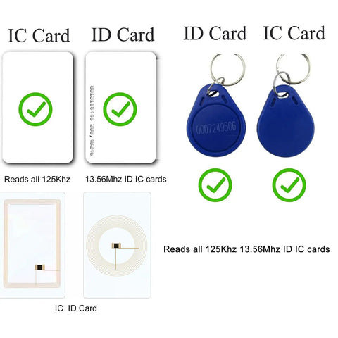 Various RFID cards and key fobs compatible with Dual Frequency RFID Reader In A Built Tough Metal Case Delivers Long Range 125KHz And 13.56MHz Read Capabilities For EM4100 MIFARE S50 And S70 Cards ISO 14443 A And B Tags And Other 14443 A Protocol Labels.