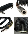 25 Foot Air Compressor Hose With Bend Restrictor And One Quarter Quick Coupler Coiled Flexible Hose With Solid Copper Connectors For Easy Secure Connections And Tangle Free Use In Your Home Garage Or Shop, shown in various views including connectors and coiled design.
